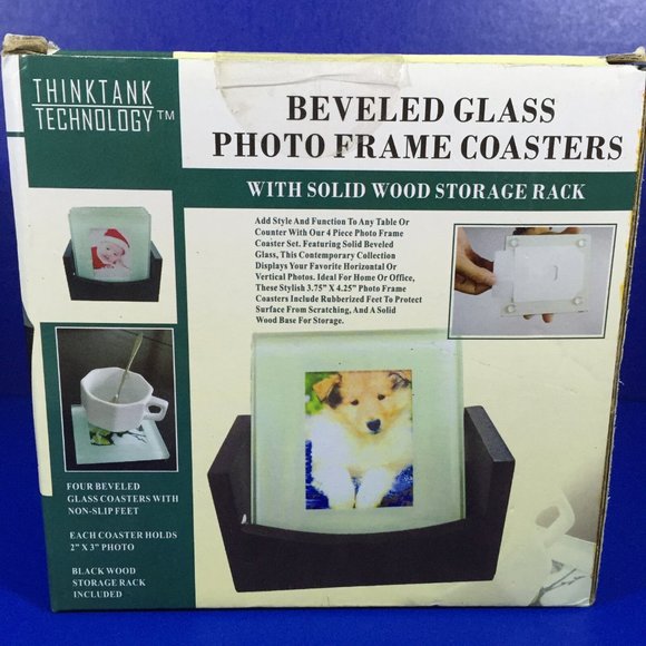 Beveled Glass Photo Frame Coasters 4 With Solid Wood Storage Rack 2" x 3" Photo - Picture 2 of 8